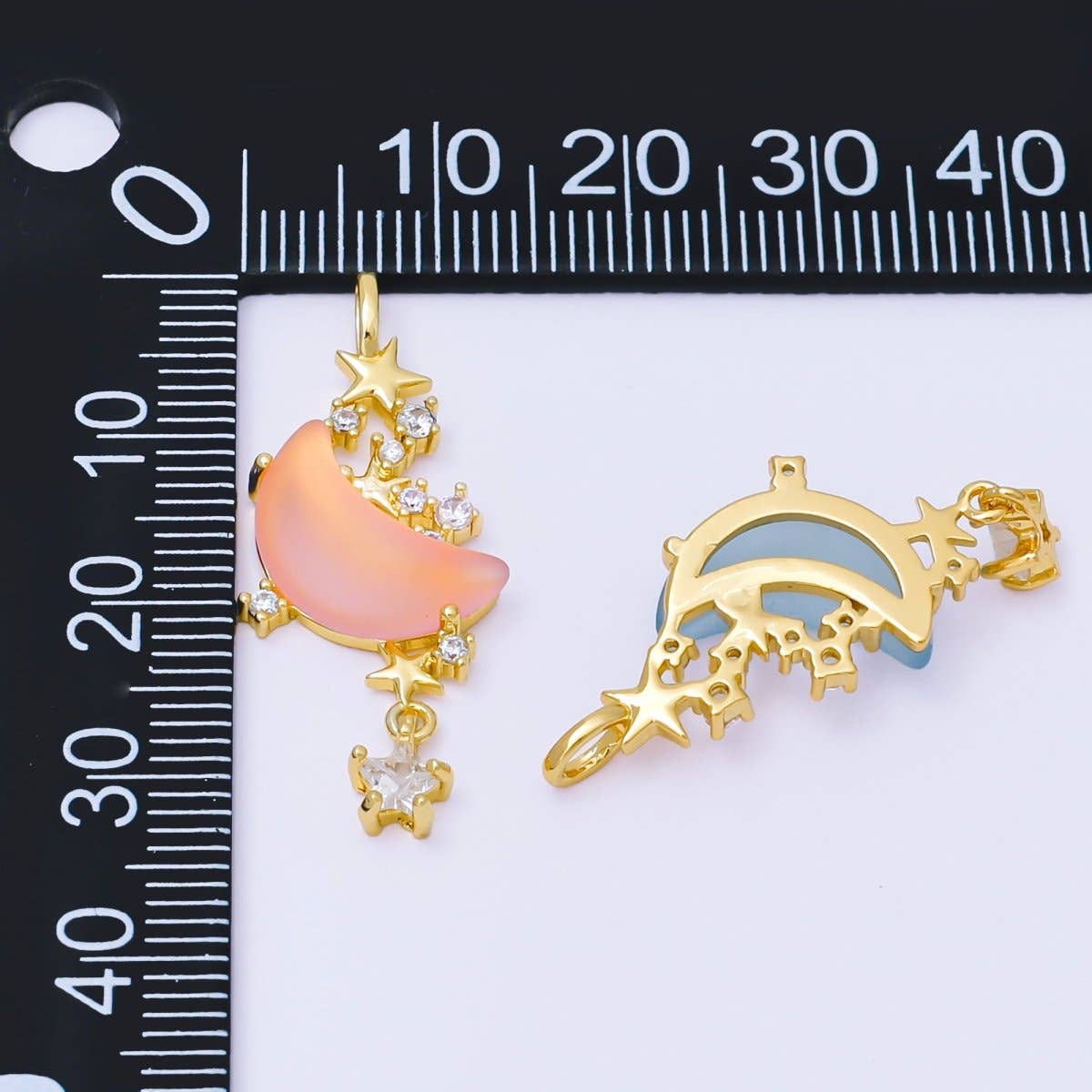 24K Gold Filled 27.5mm Micro Paved CZ Blue, Pink, Clear Stars Moonlight Set Drop Pendant | AA1628 AA1629: Blue