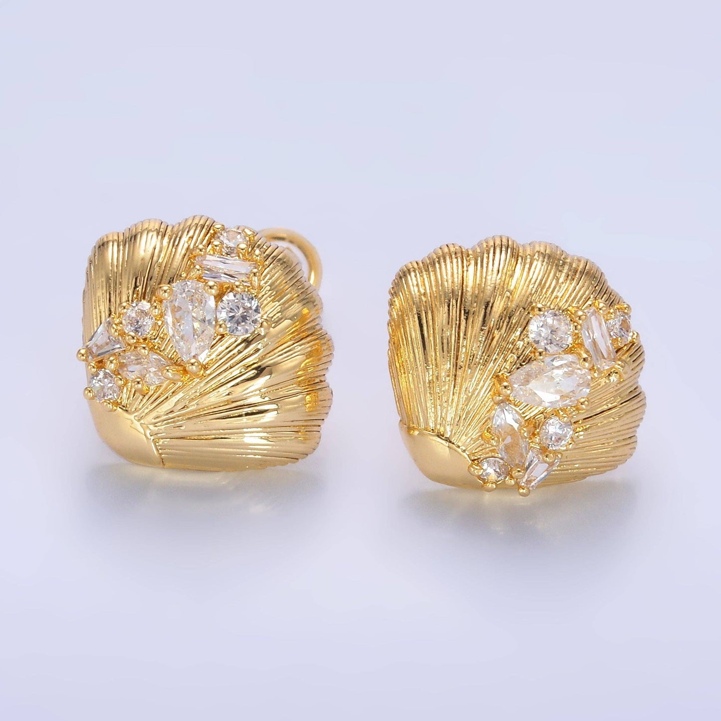 24K Gold Filled CZ Cluster Lined Sea Shell Stud Earrings | AB709