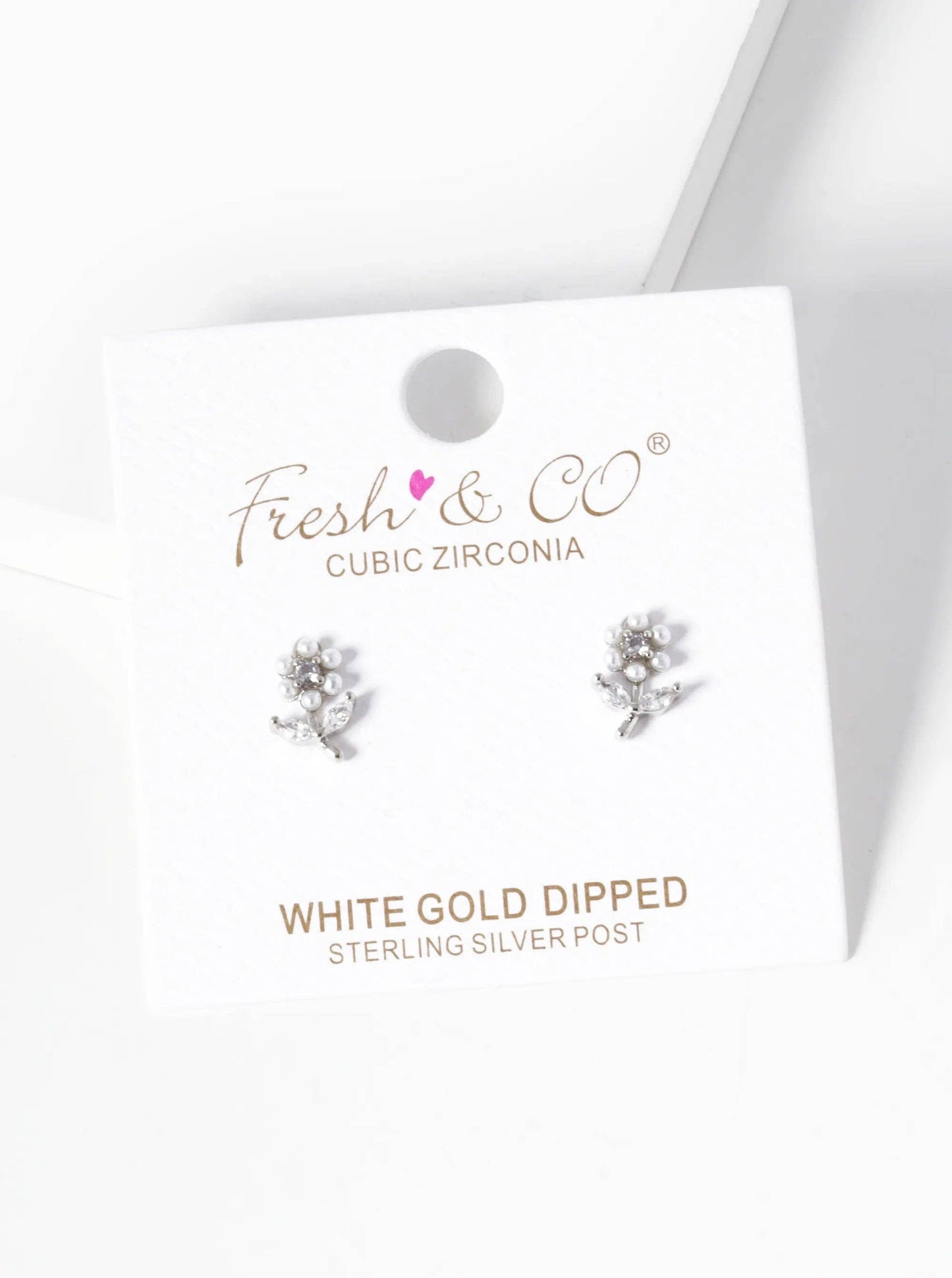 White Gold Dipped Pearl And CZ Flower Stud Earrings: Gold