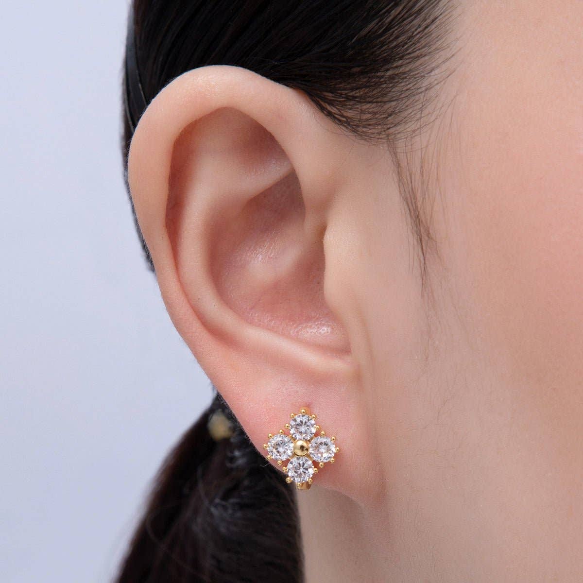 18K Gold Filled 12mm Clear CZ Clover Huggie Earrings | Earrings-00053