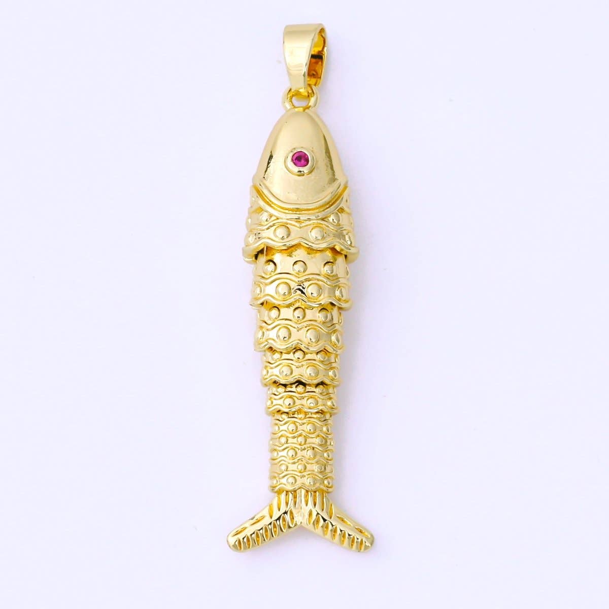 24K Gold Filled 43mm Fuchsia CZ Dotted Sardine Fish Multidimensional Charm in Gold & Silver | AA1620: GOLD
