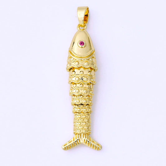 24K Gold Filled 43mm Fuchsia CZ Dotted Sardine Fish Multidimensional Charm in Gold & Silver | AA1620: GOLD