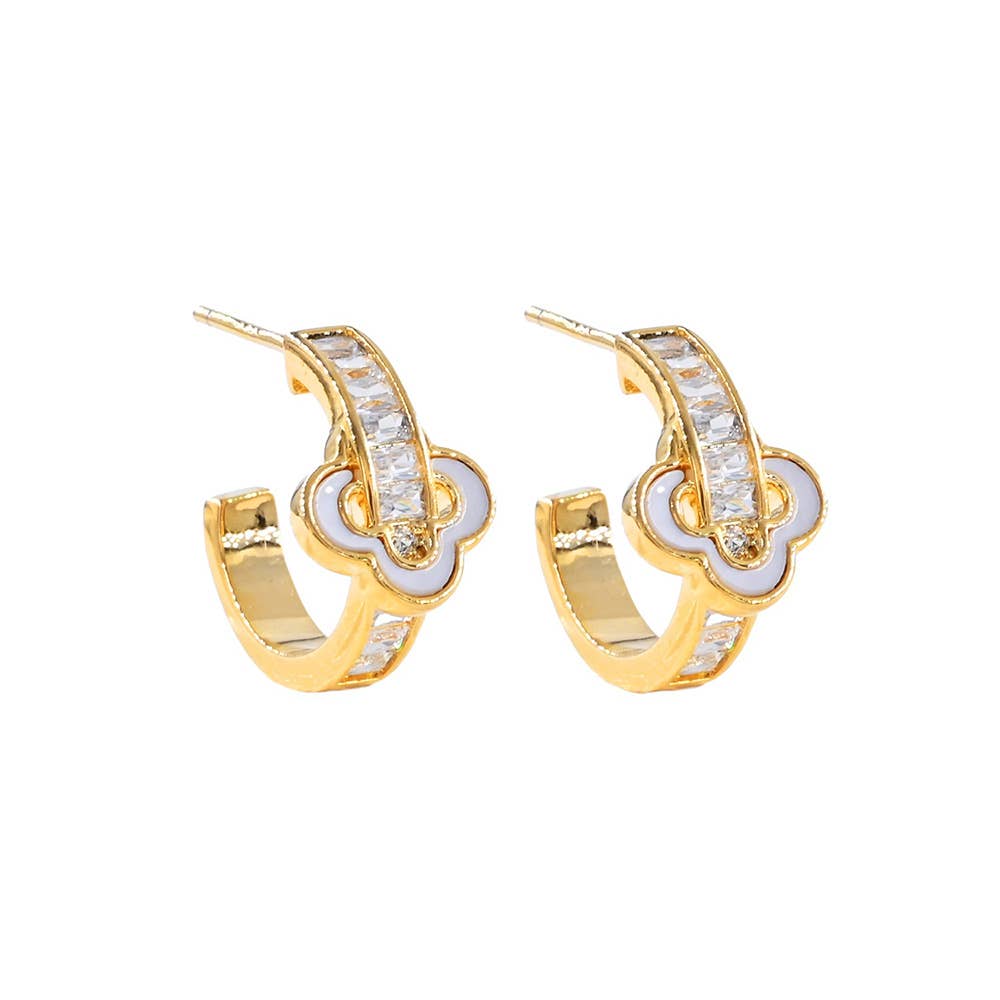 Gold Dipped Quatrefoil Accent CZ Hoop Earrings: Rhodium