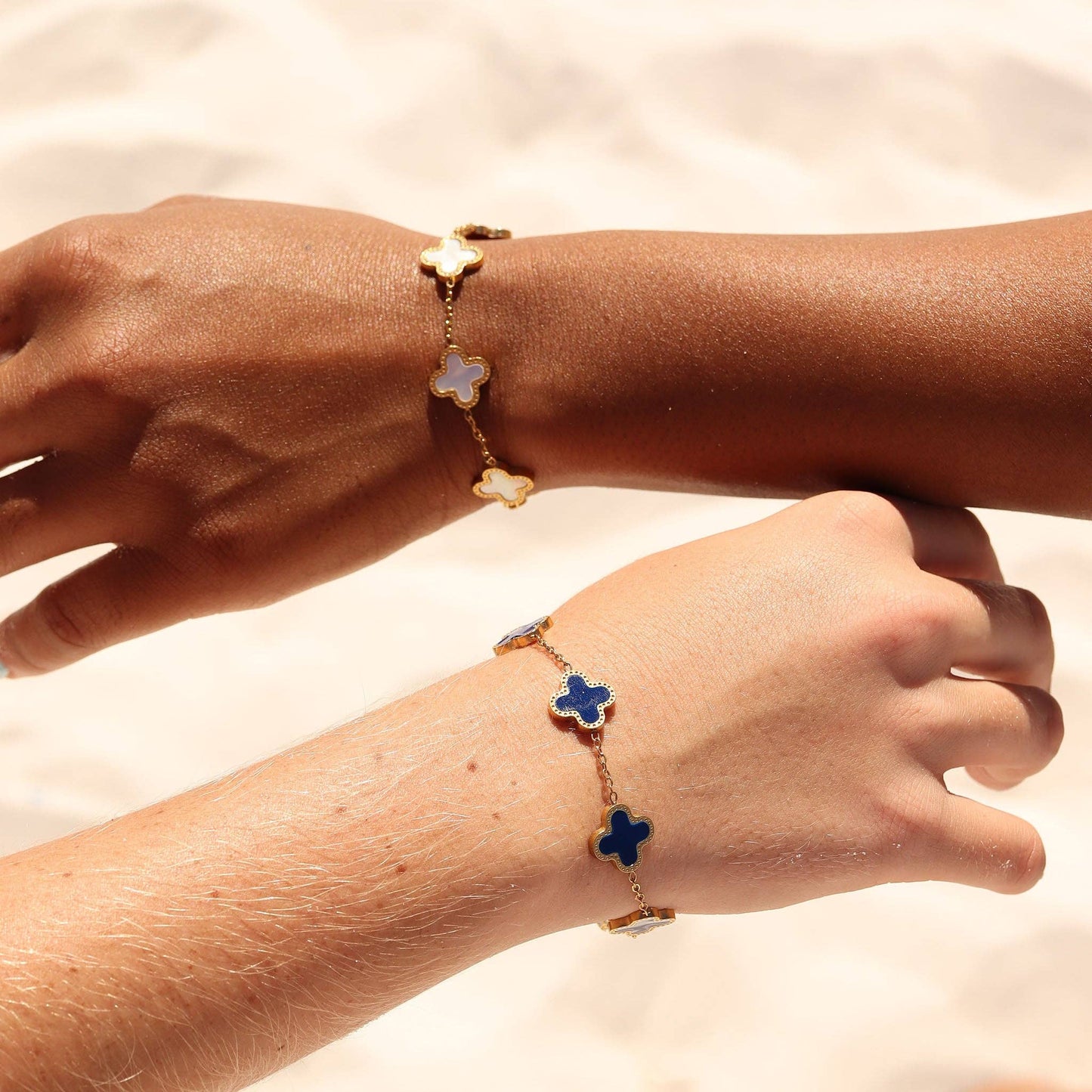 18K Gold PVD Stainless Steel Lucky Clover Charm Bracelet: Blue / Gold