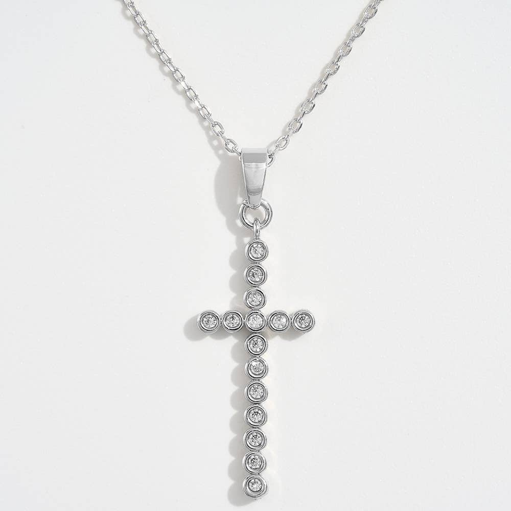 14K Gold Dipped CZ Stone Bezel Cross Pendant Necklace: Gold
