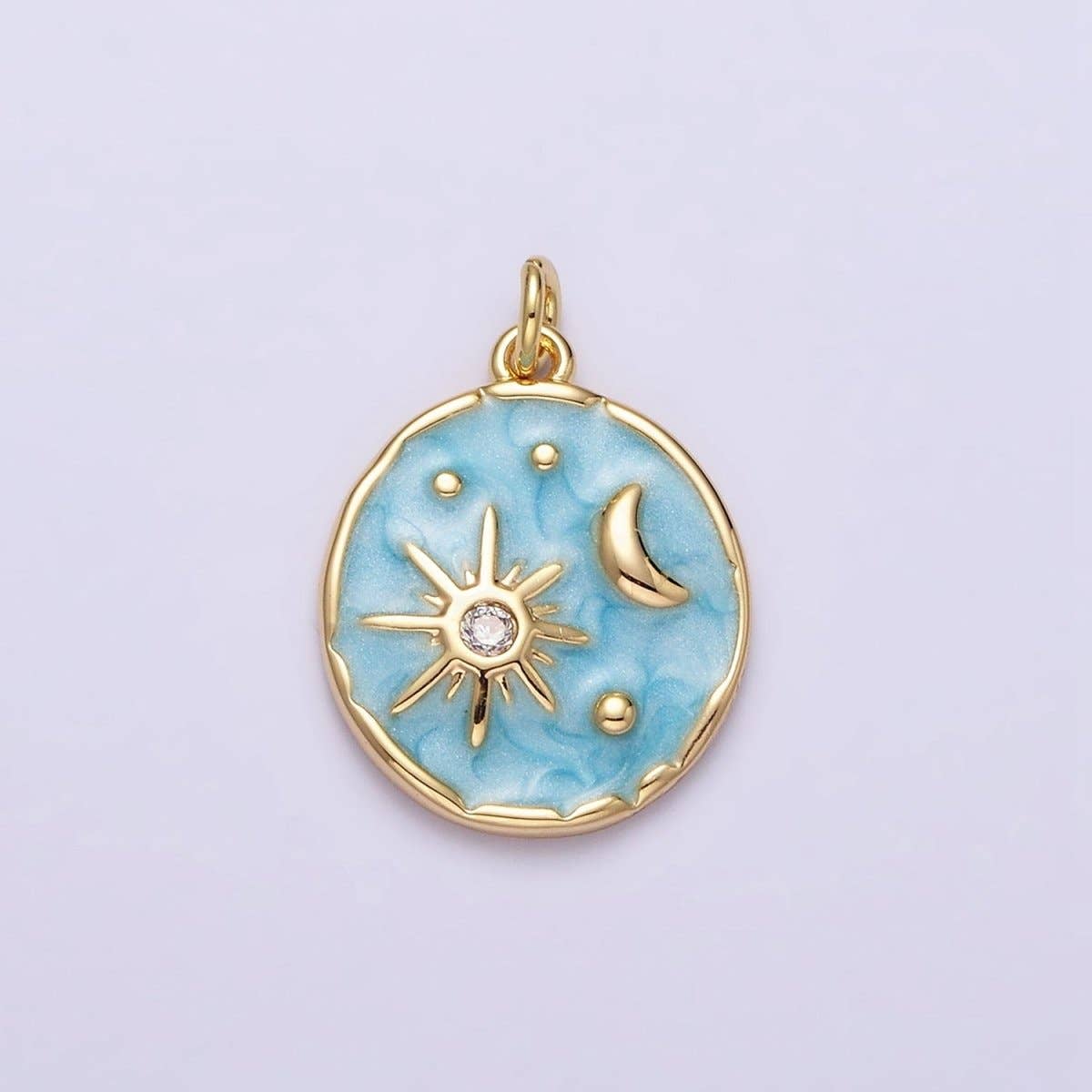 16K Gold Filled Celestial Sun Star Crescent Moon White, Blue, Pink Sparkly Enamel Round Stamped Charm in Gold & Silver | AC1356 - AC1361: Gold / Pink