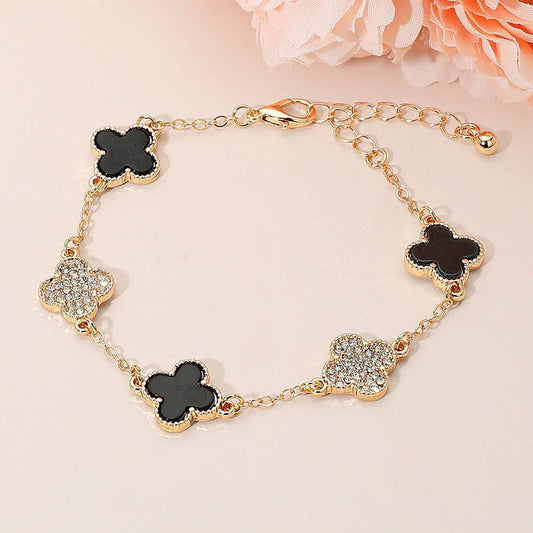 Gold Dipped Quatrefoil Charm Link Station Bracelet: Black,Gold