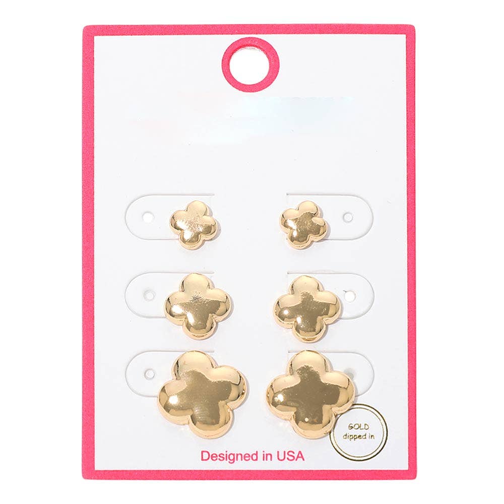3Pairs - Gold Dipped Metal Quatrefoil Stud Earring Set: Rhodium