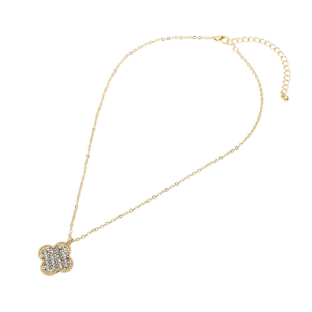 Gold Dipped Stone Pave Quatrefoil Pendant Necklace: Clear,Gold