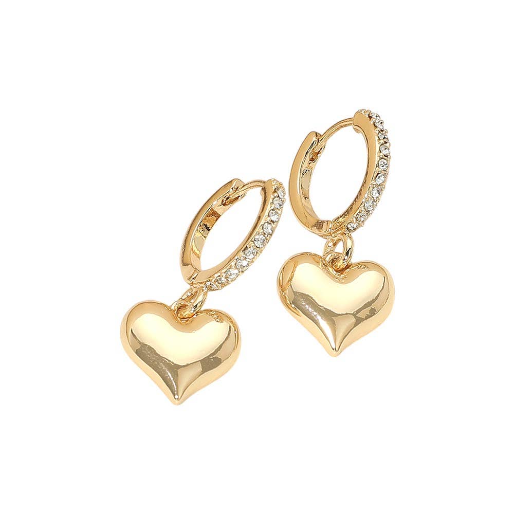 Gold Dipped Heart Charm Drop Dangle Stone Pave Huggie Hoop Earrings: Gold,Siam
