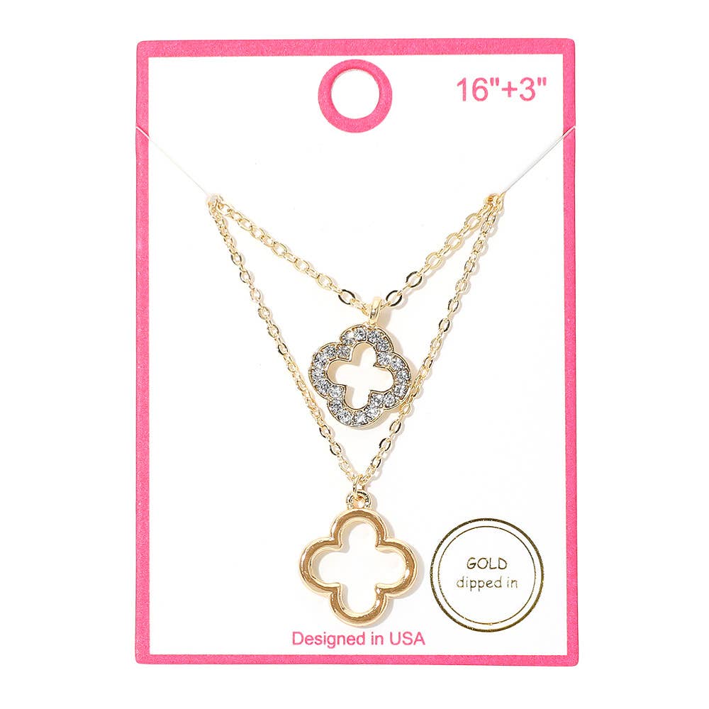 Gold Dipped Double Quatrefoil Pendant Layered Necklace: Clear,Gold