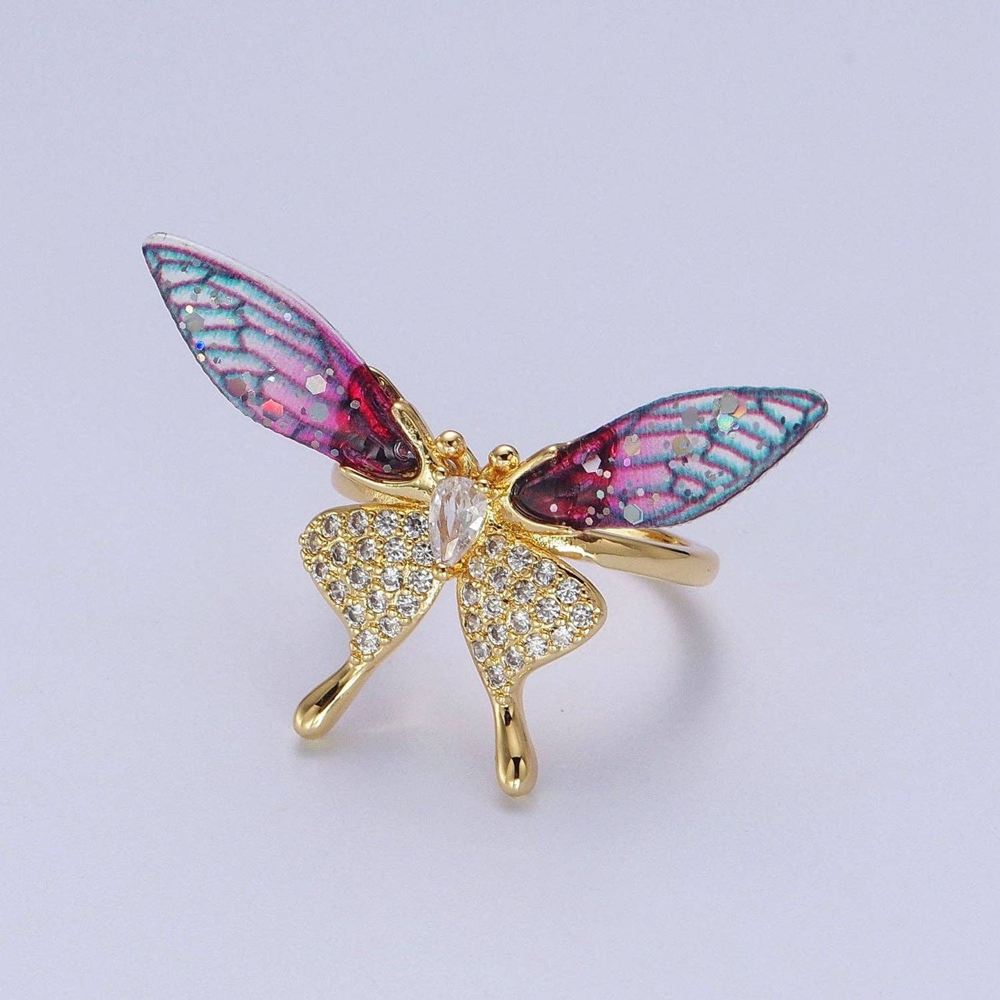 Fuchsia, Blue Micro Paved Butterfly Wings Teardrop Insect Gold Rings | Y400 Y401: Blue