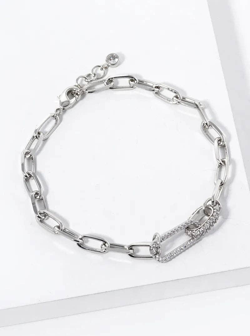 White Gold Dipped CZ Pave Link Chain Bracelet: Gold