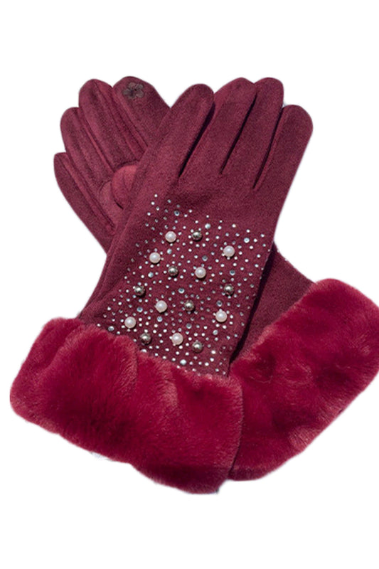 Pearl Rhinestone Suede Gloves GL0010: Red