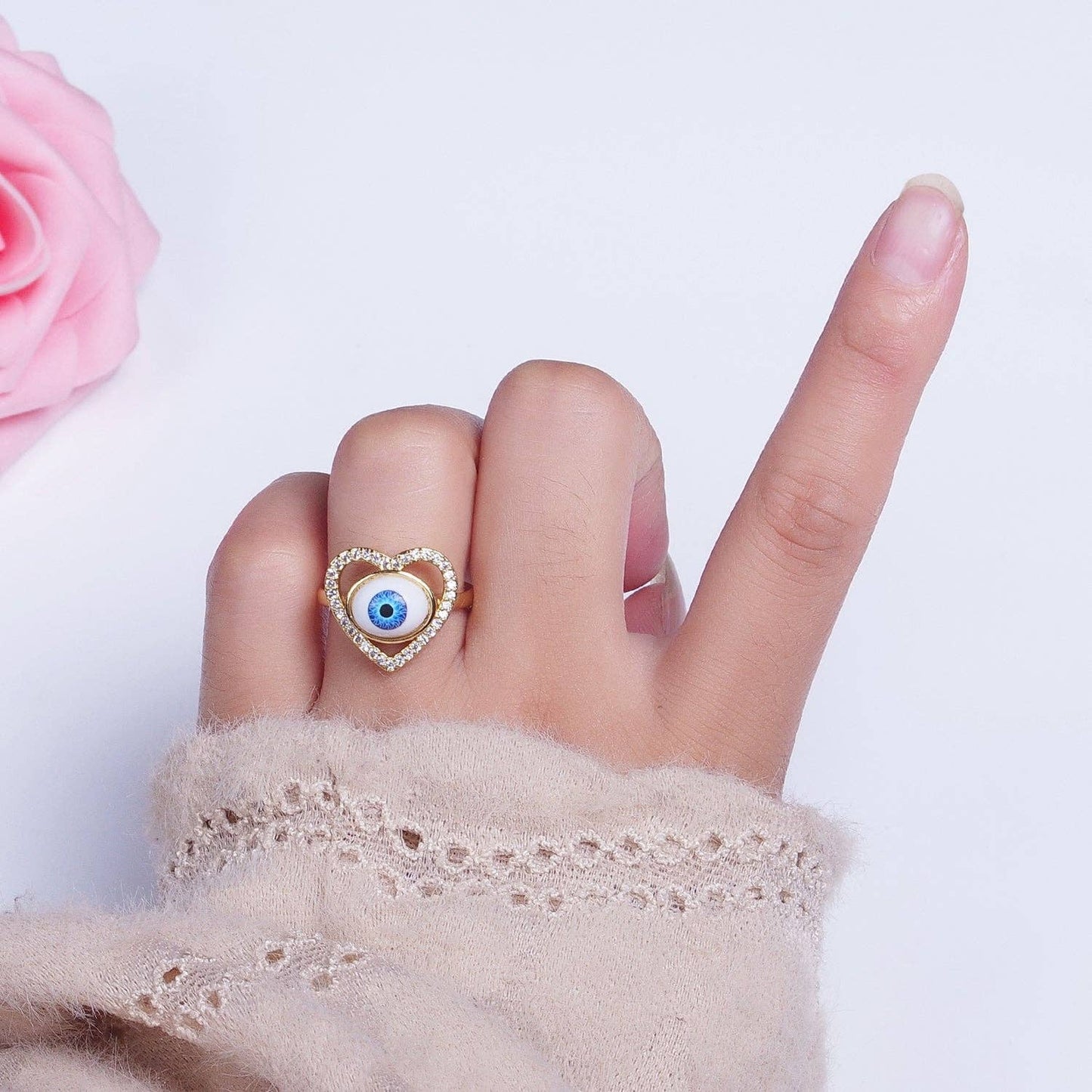 Blue Evil Eye Heart Love MicroPaved CZ Bezel Open Ring O2004