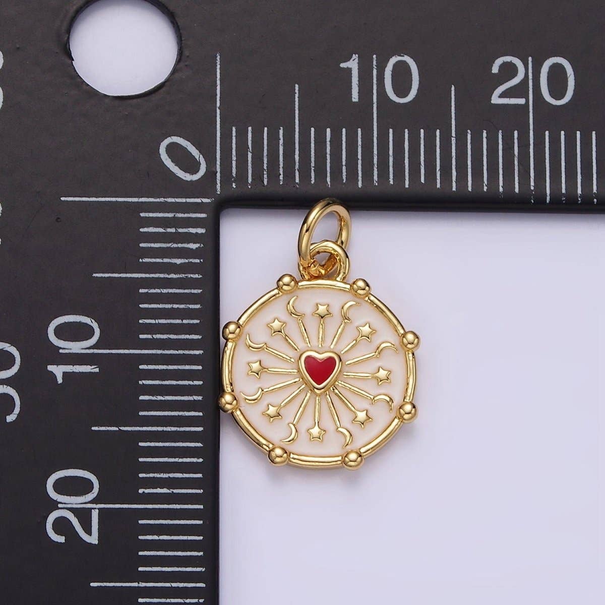 16K Gold Filled Red Heart Celestial Crescent Moon Star Ray Dotted Outline Round Charm | AG159