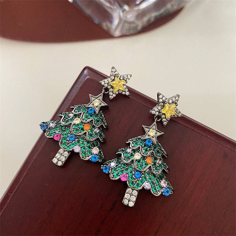 Christmas Tree Alloy Rhinestone Earrings  E8648: Green