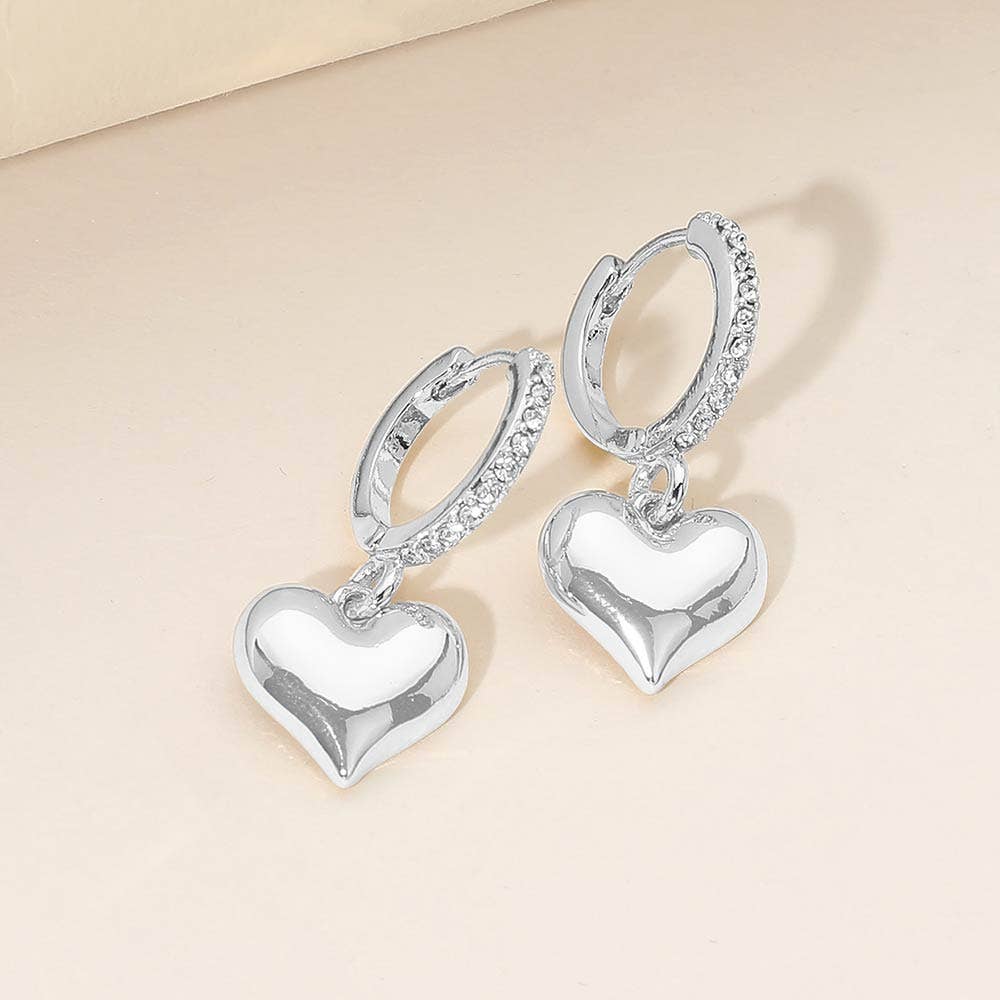 Gold Dipped Heart Charm Drop Dangle Stone Pave Huggie Hoop Earrings: Gold,Siam