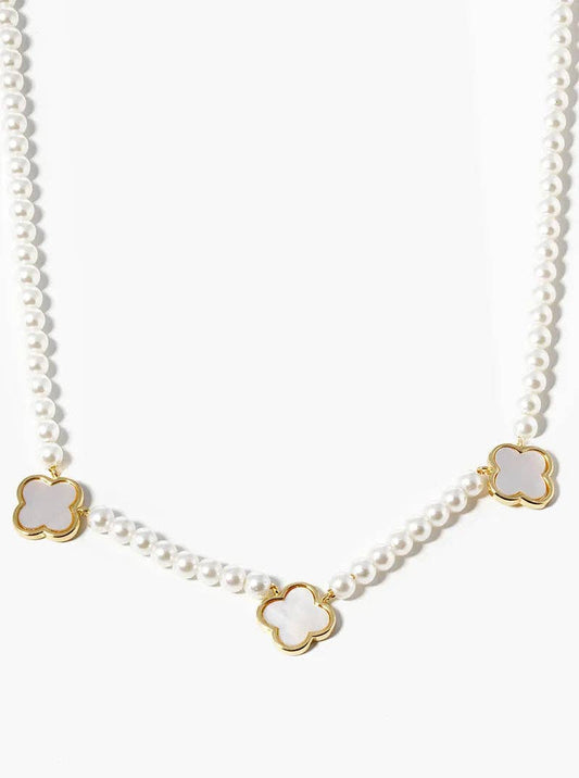 White Gold Dipped Three 10mm Mother Of Pearl Quatrefoil Pendant Necklace: Gold