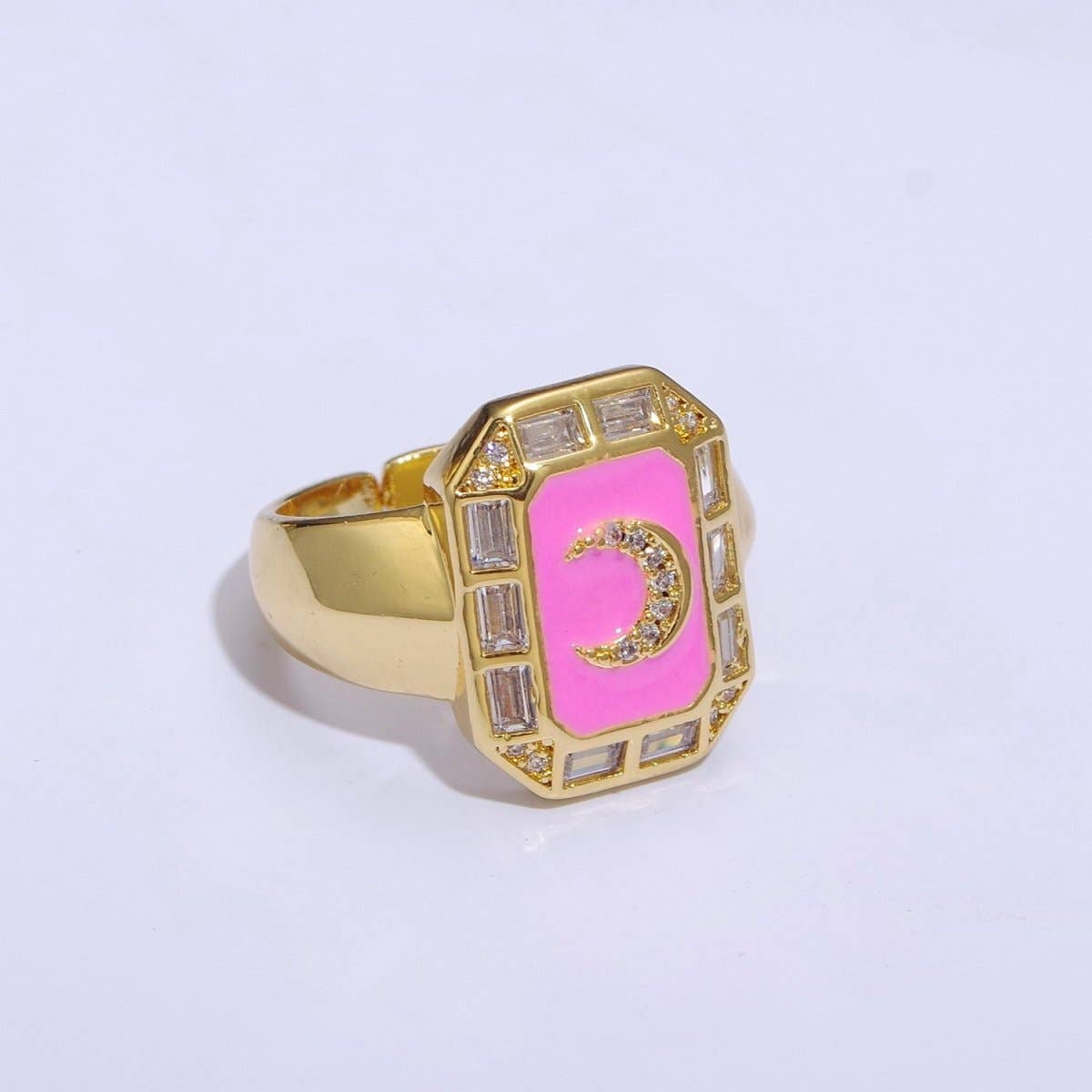 Crescent Moon Spinel Signet Ring Gold Chunky Ring Celestial Enamel Colorful Cz Jewelry U-001~U-005: White