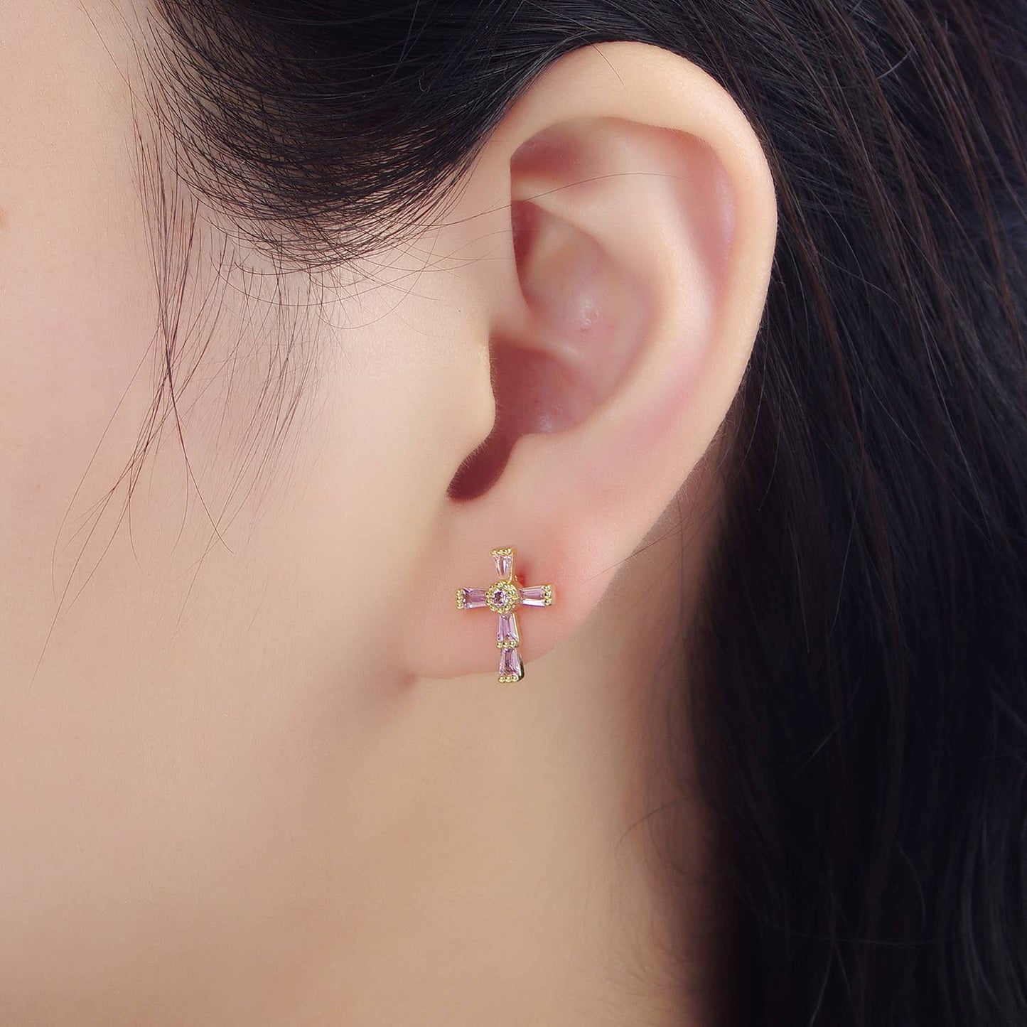 24K Gold Filled CZ Religious Cross Studs | P053 - P061 : Fuchsia