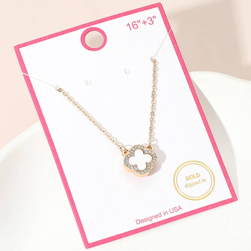 Gold Dipped Rhinestone Trim Quatrefoil Pendant Necklace: Rhodium,White