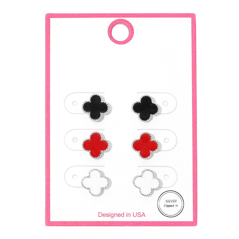 3Pairs - Gold Dipped Quatrefoil Stud Earring Set: Gold,Multi