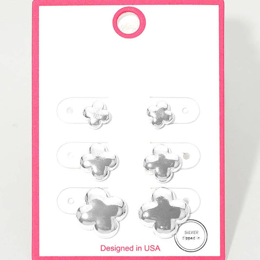3Pairs - Gold Dipped Metal Quatrefoil Stud Earring Set: Rhodium