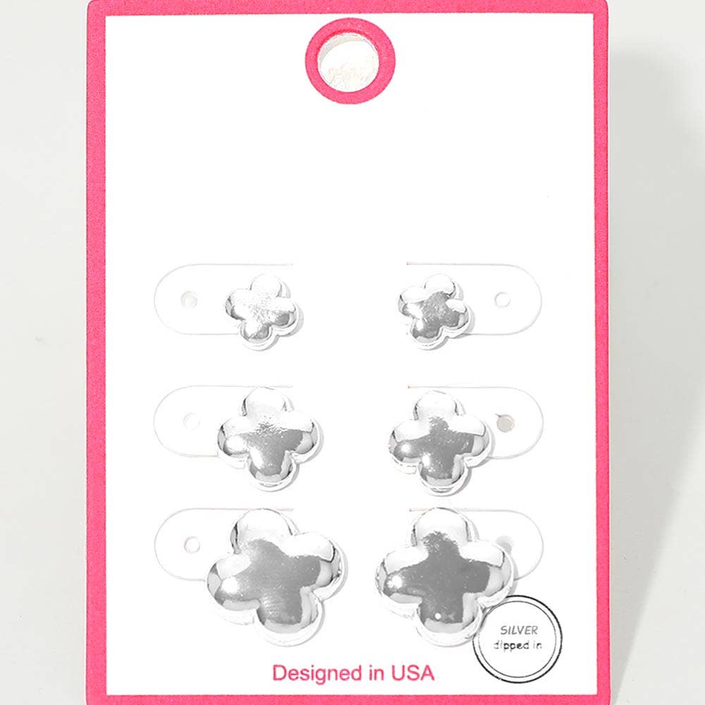 3Pairs - Gold Dipped Metal Quatrefoil Stud Earring Set: Gold