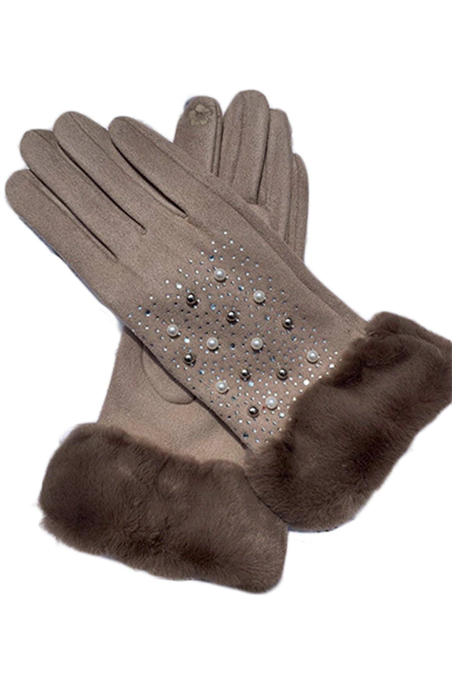 Pearl Rhinestone Suede Gloves GL0010: Red
