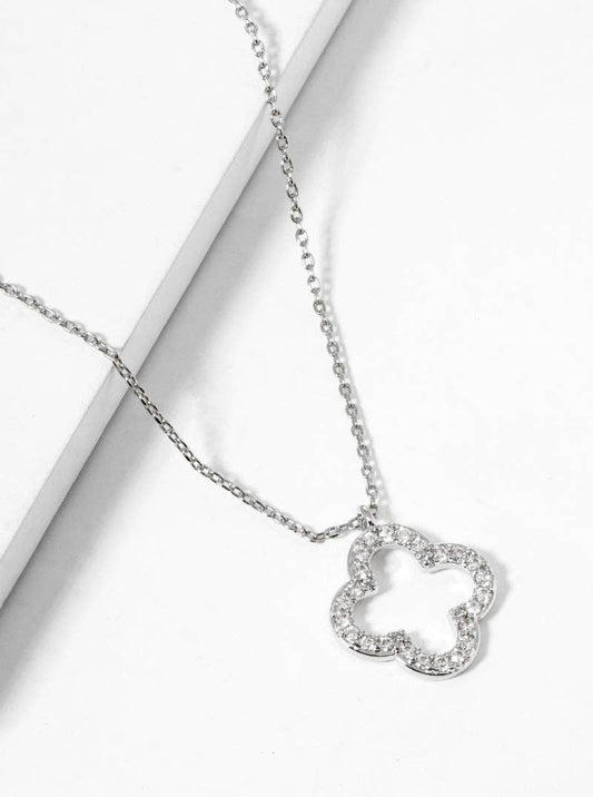 18K Gold Dipped Cz Pave 15Mm Quatrefoil Pendant Necklace: Rhodium