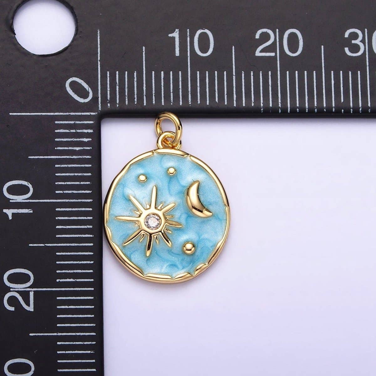 16K Gold Filled Celestial Sun Star Crescent Moon White, Blue, Pink Sparkly Enamel Round Stamped Charm in Gold & Silver | AC1356 - AC1361: Gold / Pink