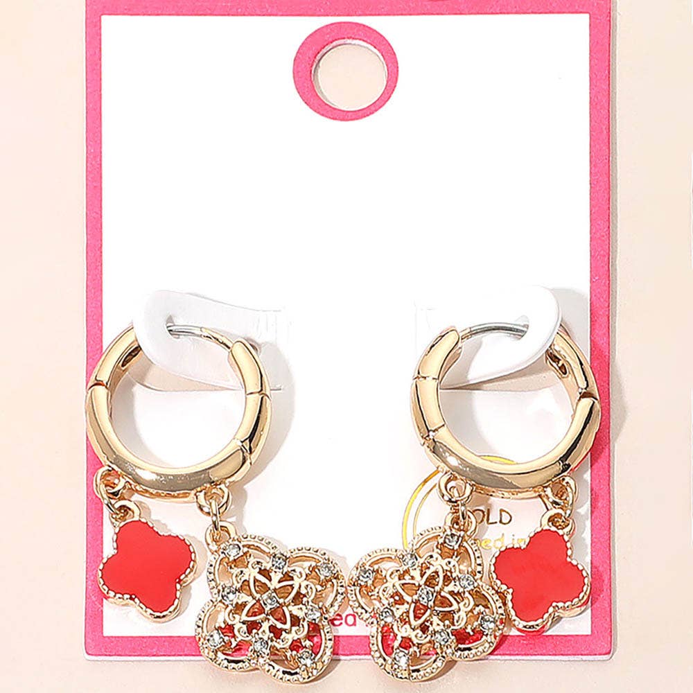 Gold Dipped Quatrefoil Huggie Hoop Earrings: Gold,Red