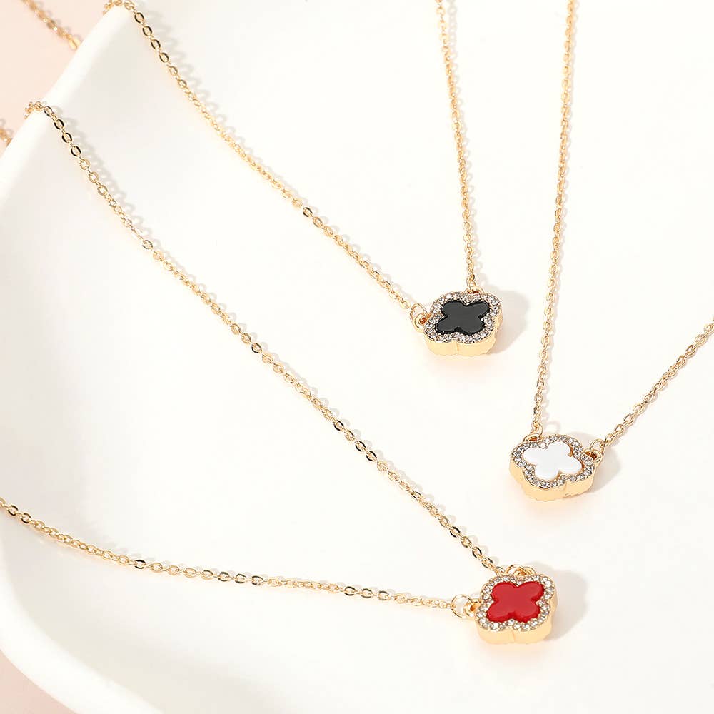 Gold Dipped Rhinestone Trim Quatrefoil Pendant Necklace: Rhodium,White