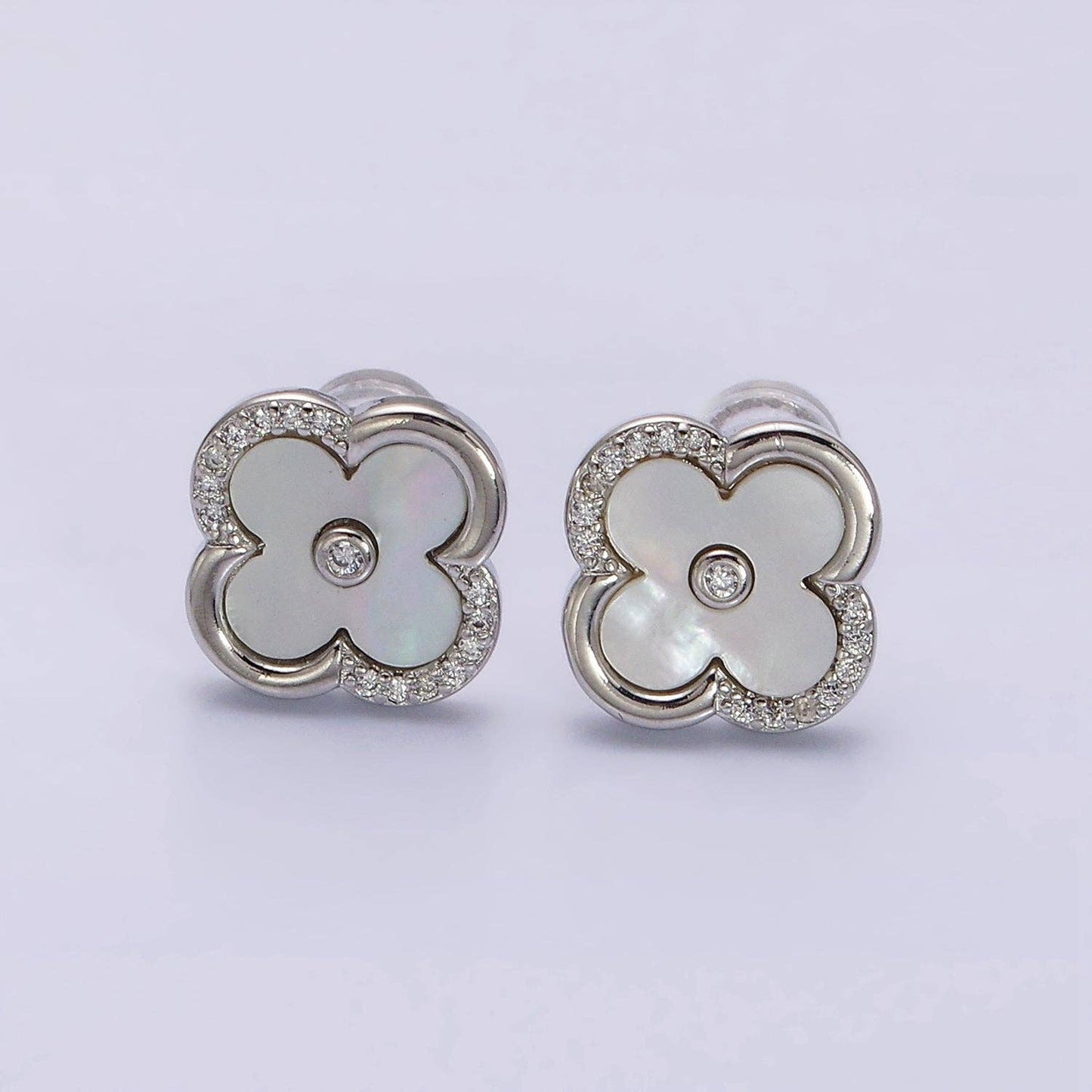 16K Gold Filled 12mm Shell Pearl Quatrefoil Clover Micro Paved CZ Stud Earrings in Gold & Silver | AB1535 AB1536: Gold