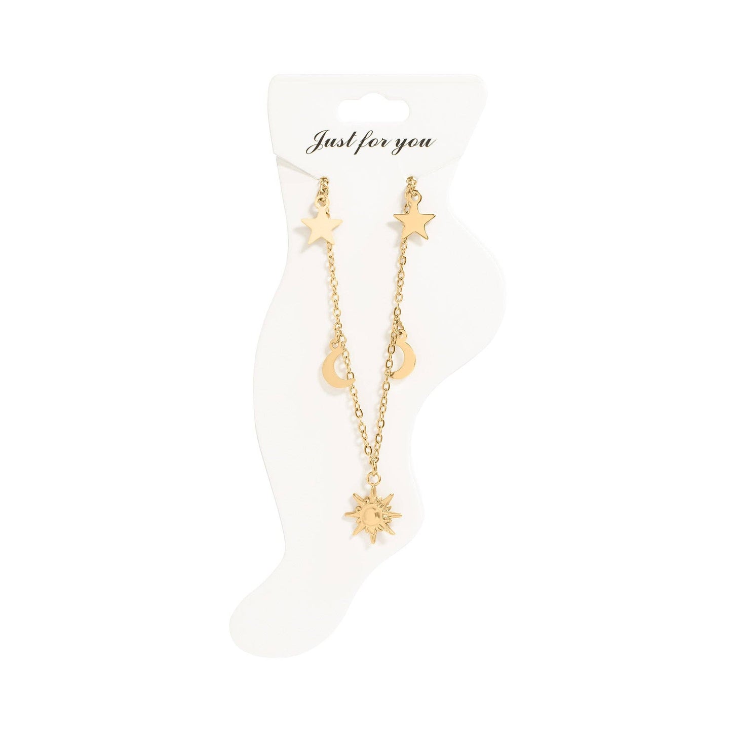 18K Gold PVD Stainless Steel Moon & Star Charm Anklet: Gold