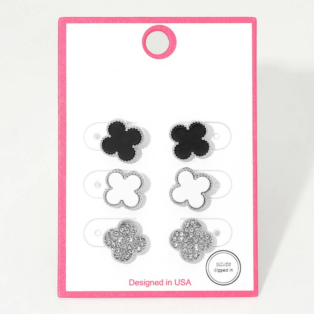 3Pairs - Gold Dipped Quatrefoil Stud Earring Set: Gold Pink