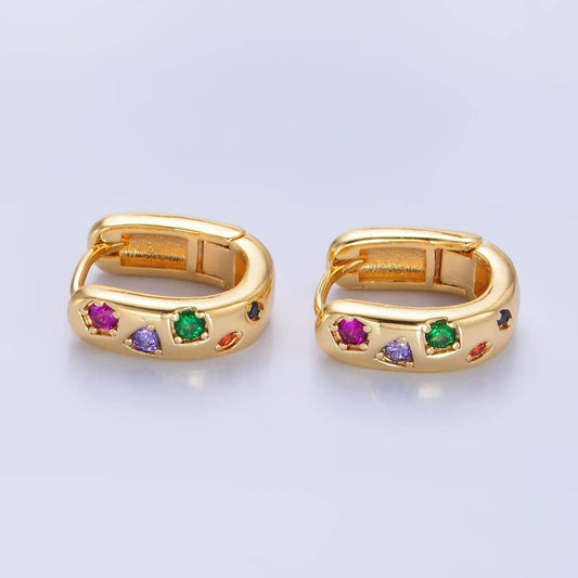 24K Gold Filled Multicolor CZ U-Shaped Huggie Earrings | AB002