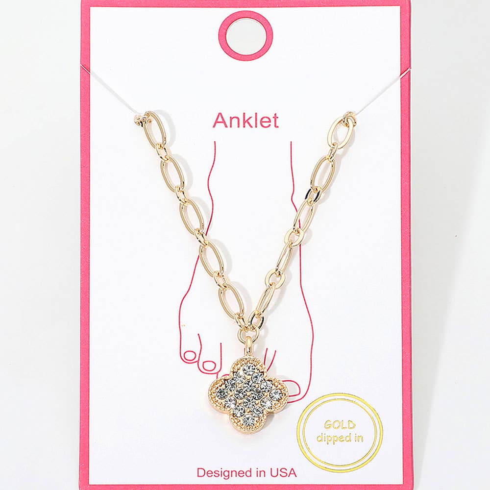 Gold Dipped Stone Pave Quatrefoil Charm Textured Paperclip Chain Anklet: Clear,Gold