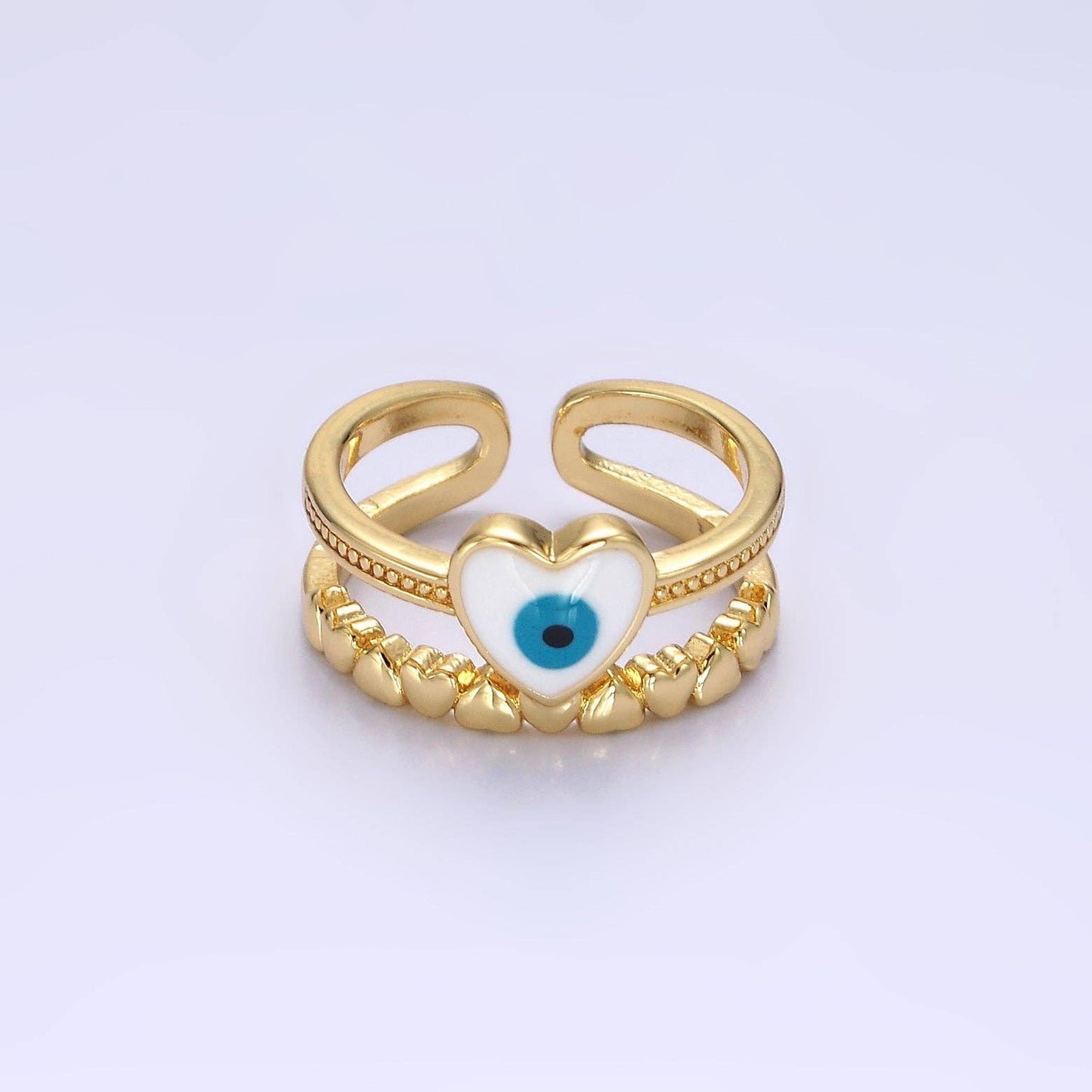 GoldFilled White/Blue Evil Eye Heart Beaded Double Band Ring: White