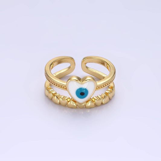 GoldFilled White/Blue Evil Eye Heart Beaded Double Band Ring: White