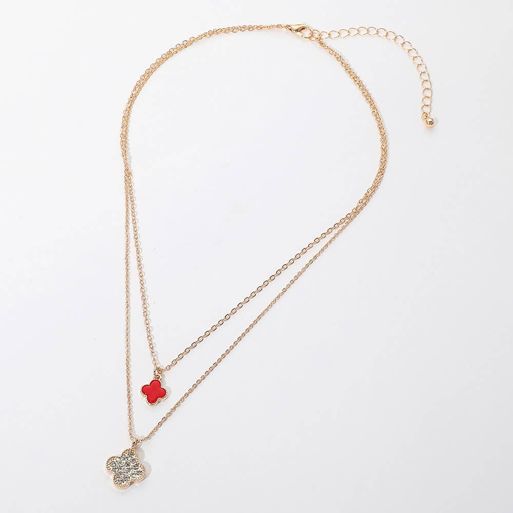 Gold Dipped Double Quatrefoil Pendant Layered Necklace: Gold,Red