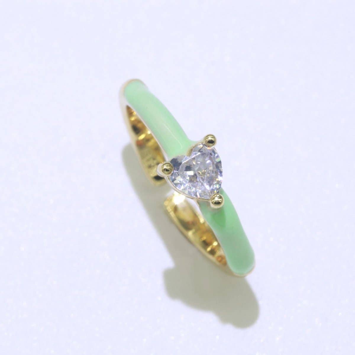 Heart Cz Ring Adjustable Gold Ring, Colorful Pastel Enamel Ring, Stackable Ring Black White Pink blue Green Ring for Women O-910~O-919: Black