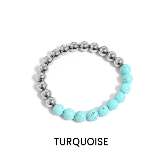 18K Gold PVD Stainless Steel Semi Precious Beaded Stretch Bracelets / SBB0355: Stainless / Turquoise