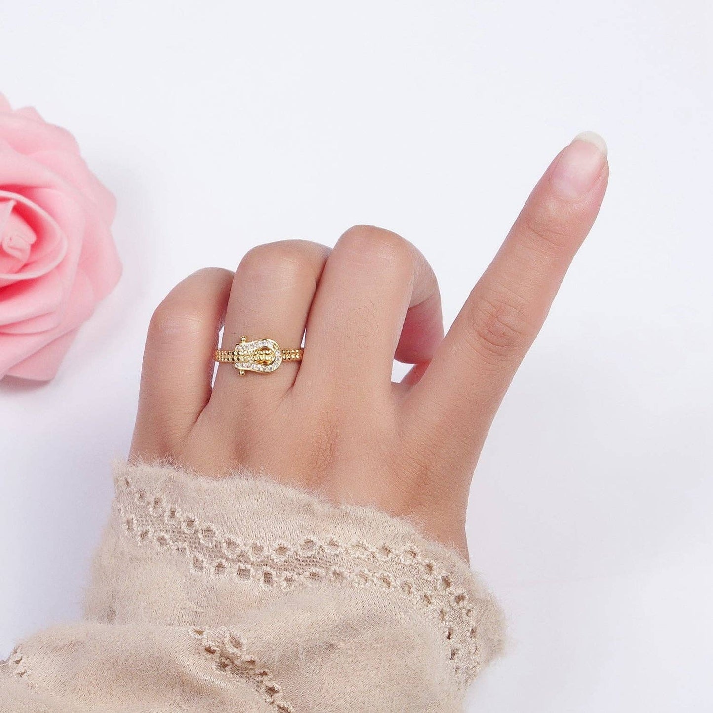 Gold Micro Paved Clear Cubic Zirconia Belt Buckle Twisted Braided Adjustable Ring | X585