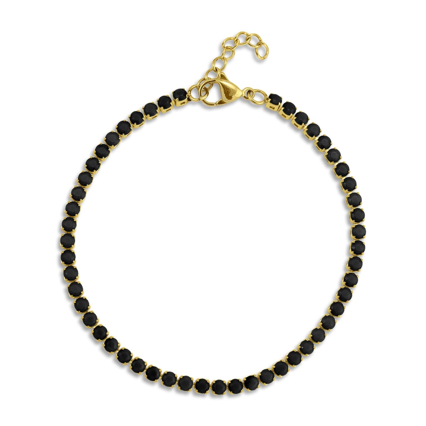 18K Gold PVD Jet Black Tennis Chain Bracelet / Anklet: 7.5"+1" / 3mm