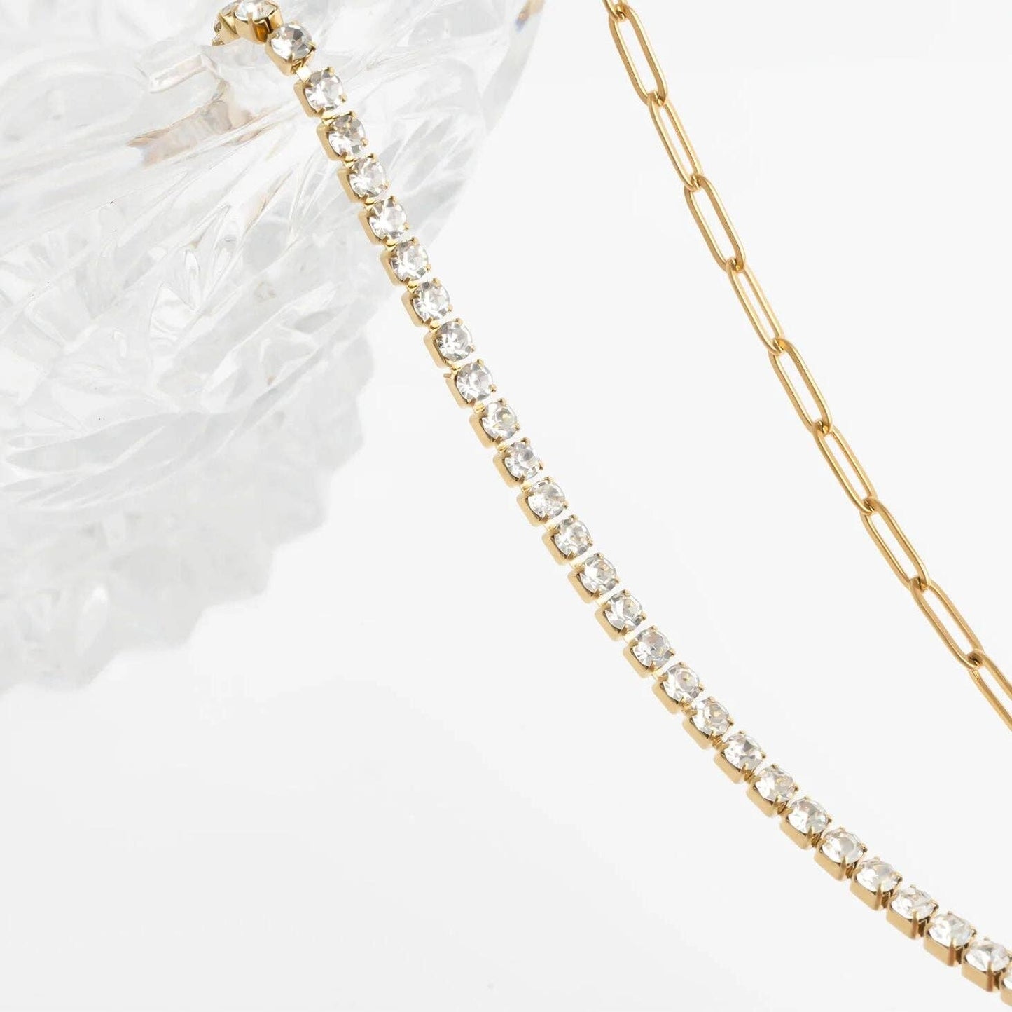 Paperclip Tennis Chain Split Necklace: Gold