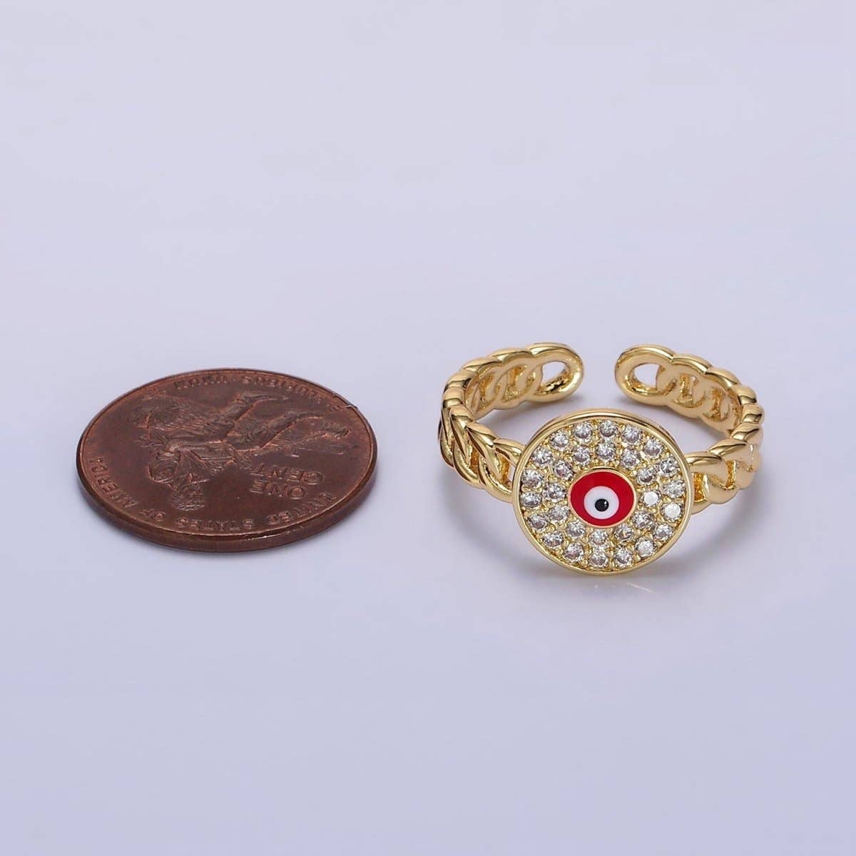 14K Gold Filled Red, White Evil Eye Enamel Round Clear Micro Paved CZ Curb Link Adjustable Ring | O-594 O-595: White