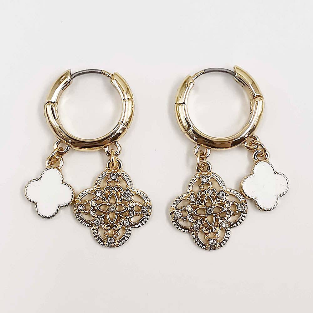 Gold Dipped Quatrefoil Huggie Hoop Earrings: Gold,Red