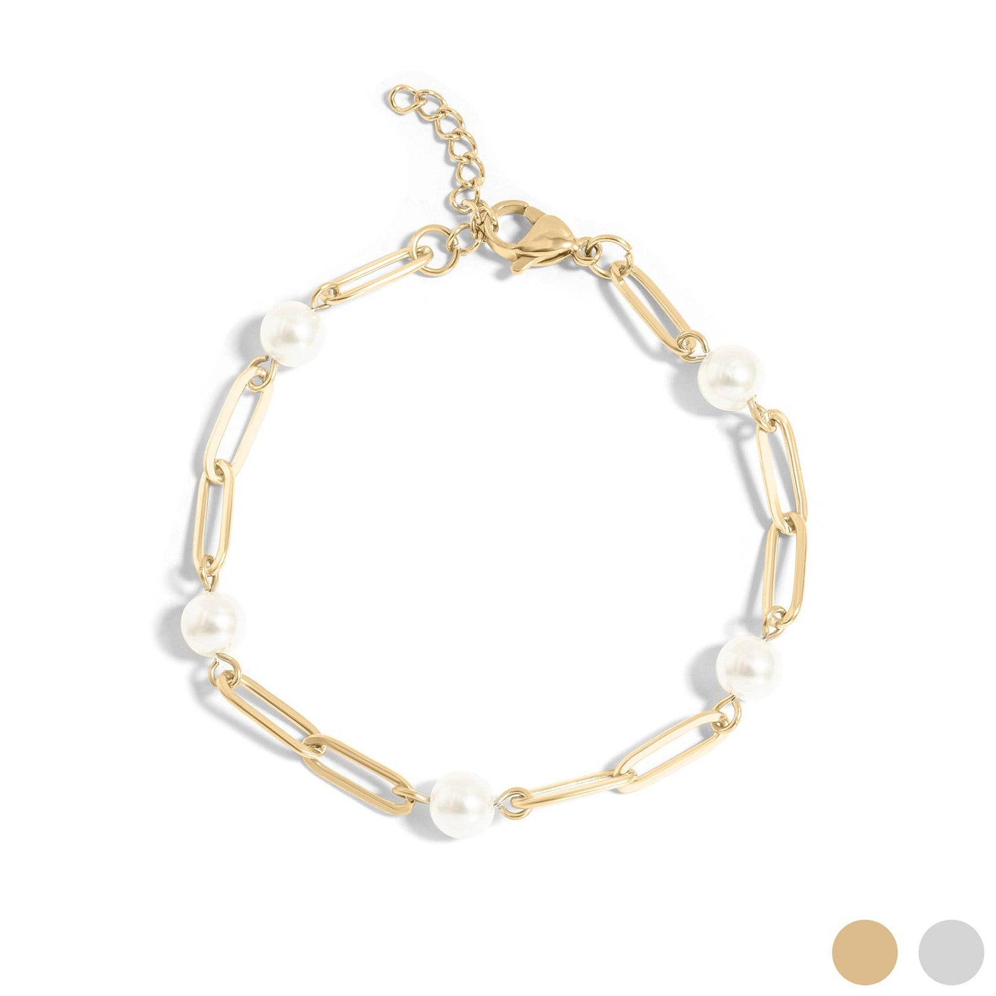 18K Gold PVD Steel Station Pearl Paperclip Chain Bracelet: Stainless